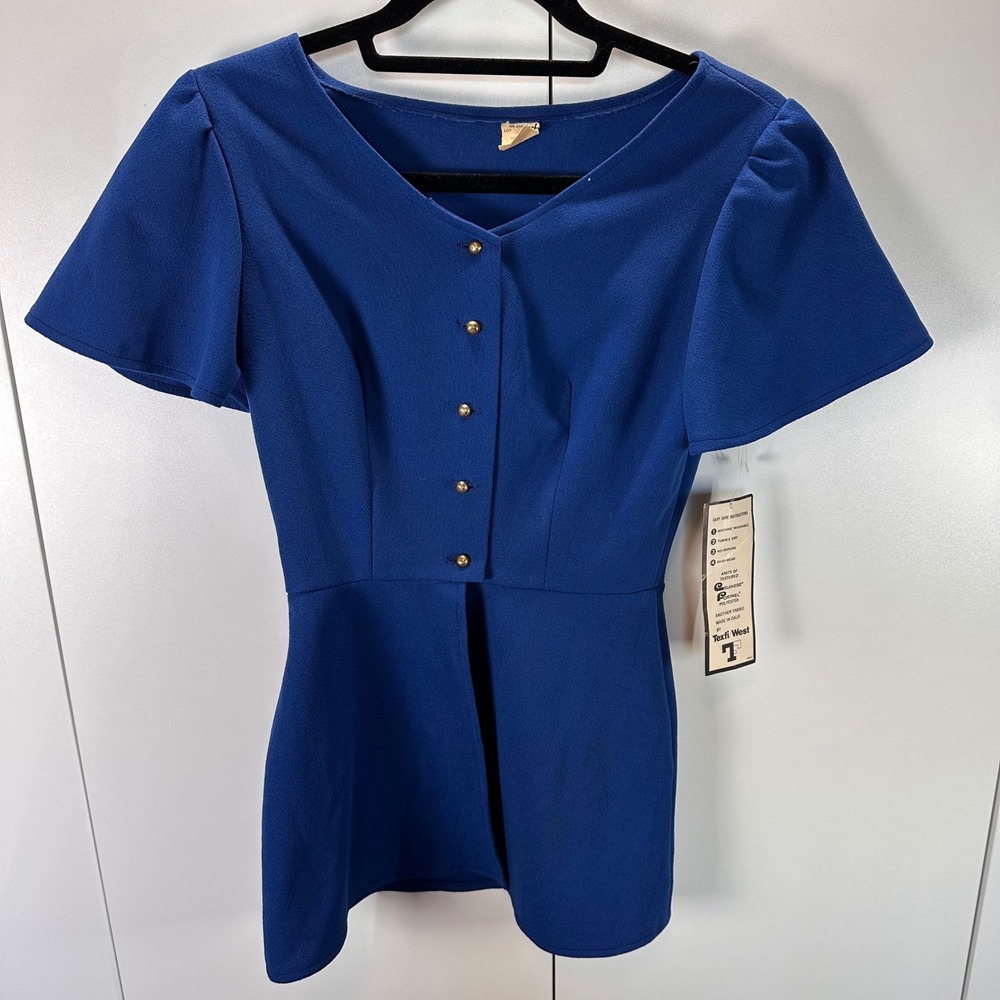 VTG Womens S 70s Royal Blue Peplum Top Gold Button V-Neck Short Sleeve Mod Retro